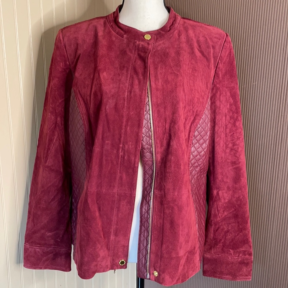 Red jacket Isaac‎ mizrahi maroon quilted Leather jacket size 16 gold hardware